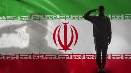 Iranian soldier silhouette saluting against national flag, military veteran - Powered by Adobe