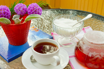 Breakfast in summer  outdoors:cup of tea,teapot,sugar and flowers on a table