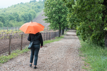woman with orange umbrella walking gravel road
