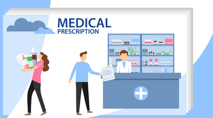 Medical prescription. Pharmacist chemist man in pharmacy. Man buys drugs at the pharmacy. Medicine, healthcare