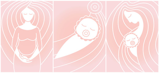 Pregnancy and childbirth. Linear vector icons. Pregnant woman, baby and mother on pink background.
