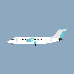 Airliner transportation journey white plane side view. Tourist travel airbus vector flat