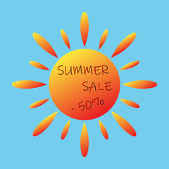 Bright sun with the text of the summer sale. Vector illustration of isolated on blue background. - Vector