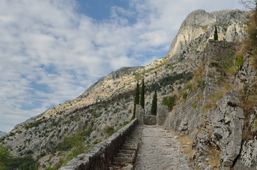 Walls of Kotor Fort in the mountains, Kotor, Montenagro