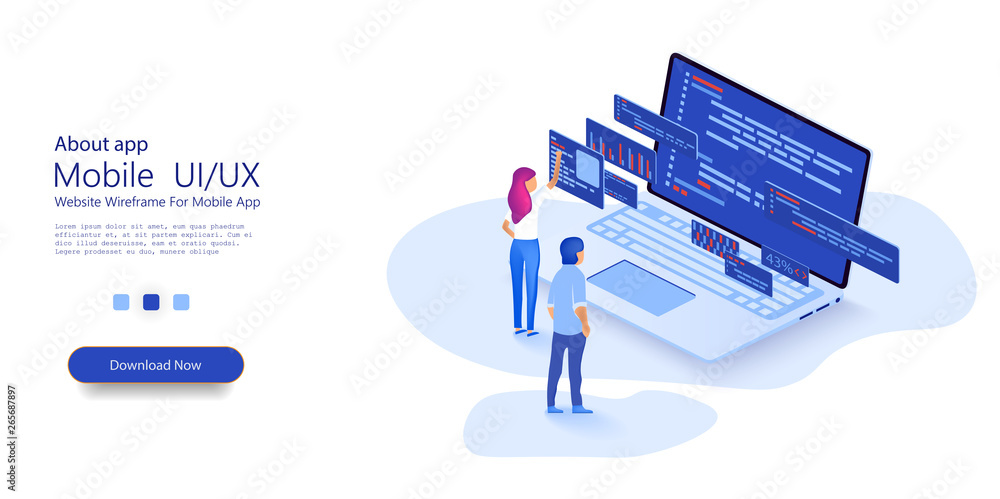 Leinwandbilder Programmer woman and man  at work concept banner. Website design. Software, web development, programming concept. Flat isometric vector illustration isolated on white background.