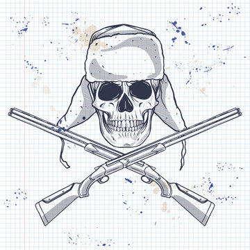 Sketch, skull with hat with ear flaps, rifles on a notebook page