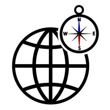 Globe with compass vector icon isolated on white. Flat simple design.