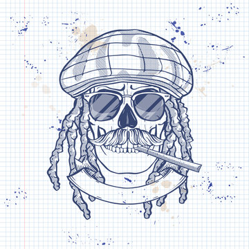 Sketch, skull with dreadlocks, rastaman hat, cigarette, mustaches and sunglasses on a notebook page
