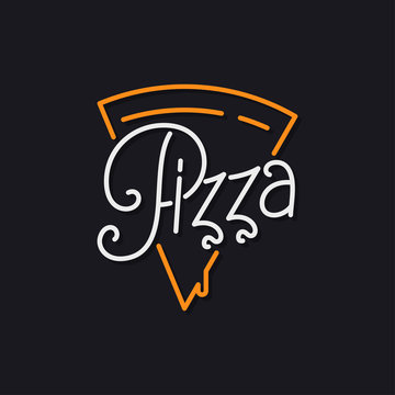 Pizza slice logo. Lettering of pizza on black