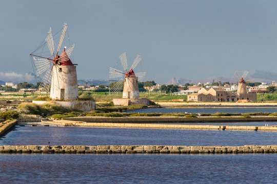 Windmills on saltworks, salt marshes, Natural Reserve of saltworks, saltworks Ettore Infersa, Laguna dello Stagnone, Via del Sale, Salt Road, Marsala, Province of Trapani, Sicily, Italy, Europe