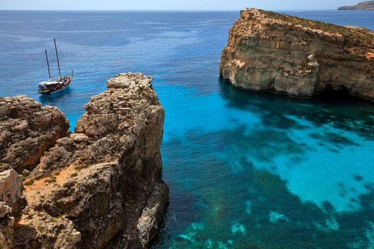 Yacht in the Blue Lagoon, Comino, Malta, Europe