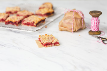 Freshly Baked Strawberry Bar Cookies, Some Cooling on Wire Rack with some isolated in front on white countertop