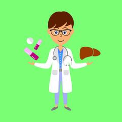 Cartoon doctor,  liver and medicine. Healthcare concept. Flat vector illustration.