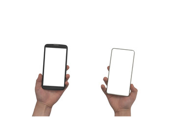 In each hand of the child one mobile phone. One smartphone is gray and another is black. on a white background. with space for inscription.