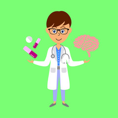 Cartoon doctor,  brain and medicine. Healthcare concept. Flat vector illustration.