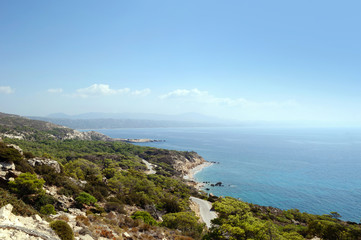 View of the Aegean sea and the north coast of Rhodes island.