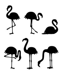 Black silhouette. Cute cartoon peach pink flamingo set. Funny flamingo collection. Cartoon animal character design. Flat vector illustration isolated on white background