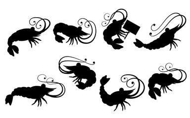 Black silhouette. Cute shrimp set. Cartoon animal character design. Swimming crustaceans icon collection. Flat vector illustration isolated on white background