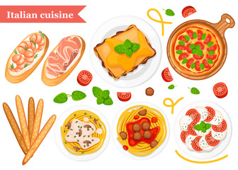 Italian cuisine. Pizza, spaghetti, risotto, bruschetta and grissini. Classic italian food on plates and wooden plank. Flat vector illustration on white background