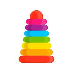 Ring stacker wooden toy rainbow pyramid vector icon. Educational visual baby assembled building tower illustration