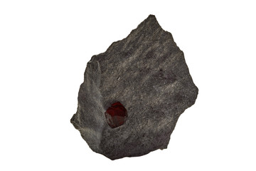 Macro mineral stone Garnet in rock on a white background