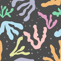 Paper cutouts. Trendy vector seamless pattern with abstract forms. Abstract brushstroke background, colorful patter. For card, print on clothes, wallpaper, cover, wrapping, invitations, fabric.