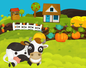 Obraz na płótnie Canvas cartoon happy and funny farm scene with happy cow - illustration for children