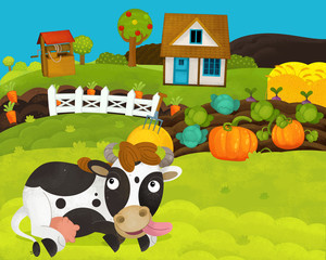 Obraz na płótnie Canvas cartoon happy and funny farm scene with happy cow - illustration for children
