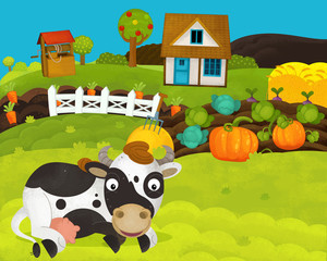 Fototapeta premium cartoon happy and funny farm scene with happy cow - illustration for children