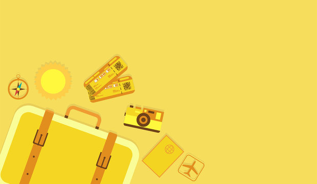Tourism, travel and booking concept equipment: suitcase, case, bag, briefcase, passport, sun, photo camera, plane icon, ticket, compass icon and smartphone. Vector illustration. Yellow background.