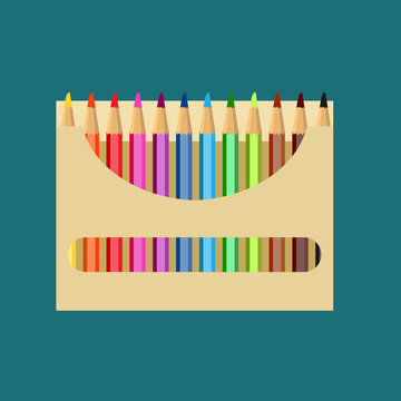 Pencil box vector icon art design education. Color draw school paper set equipment. Bright wooden tool packaging supplies