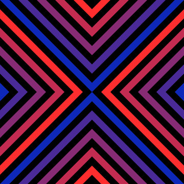Vector geometric seamless pattern with colorful diagonal lines, repeat tiles. Abstract graphic texture with red and blue neon stripes. Trendy retro 1980-1990's fashion design. Sport style background