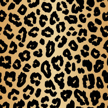 Leopard print pattern. Vector seamless background. Animal skin texture of jaguar, leopard, cheetah, panther, leopard. Black spots on gold background. Trendy repeat design for decor, textile, fabric