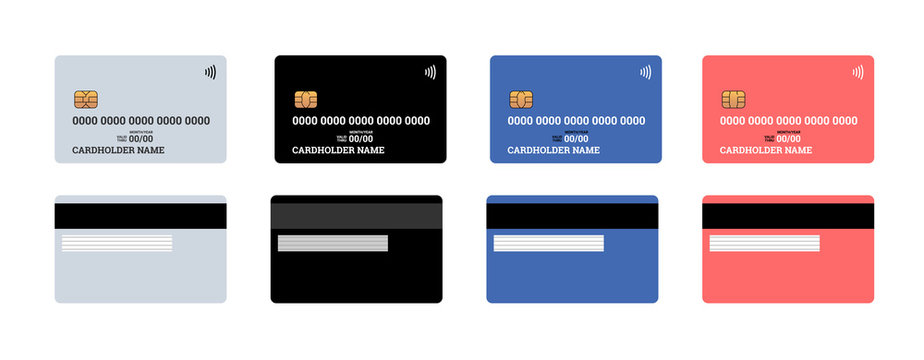 Bank plastic credit or debit contactless smart charge card front and back sides with EMV chip and magnetic stripe. Blank design template mockup. Vector illustration set