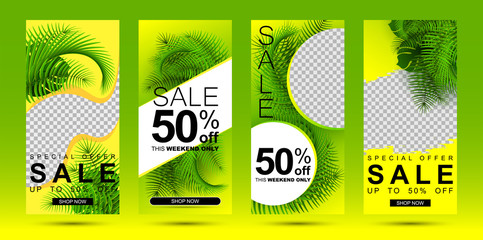 Instagram stories sale banner template. Tropical summer sale background with palm leaves and place for photo.