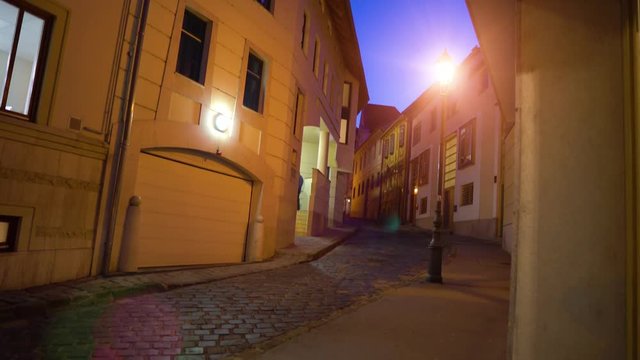 Czech Republic. City of Prague. The street of the night city without people is lit by a lantern. Camera movement from top to bottom
