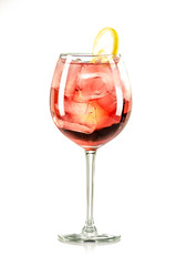 red drink with ice cubes and lemon on white background, isolated
