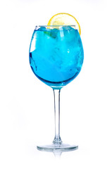 blue drink with ice cubes and lemon on white background, isolated