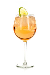 orange pink drink with ice cubes and lemon on white background, isolated