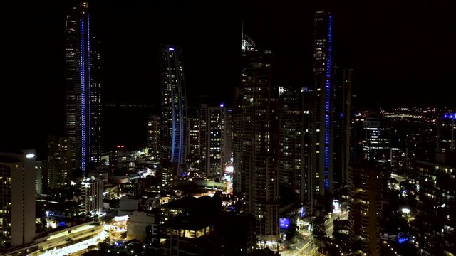 Aerial night shot of the skyscrapers of Surfers Paradise and Brisbane River in Gold Coast Queensland Australia