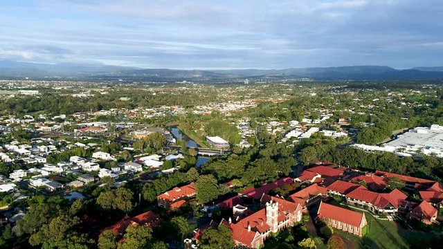 Sunrise aerial shot of the The Southport School and Surfers Waters estate in the Gold Coast Queensland Australia