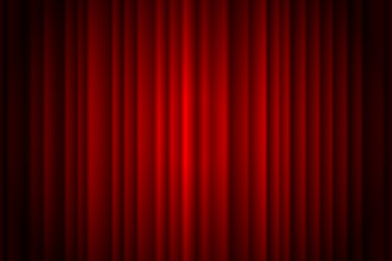 Closed red curtain stage background spotlight beam illuminated. Theatrical drapes. Vector illustration