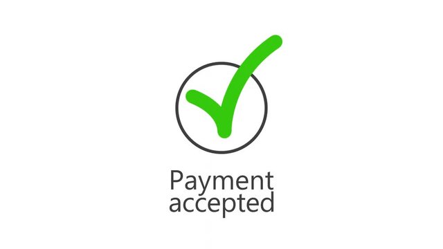 Payment accepted. Green check mark symbol. Animation financial icons. Virtual wallet. Mobile payments. NFC technology. POS terminal for electronic money