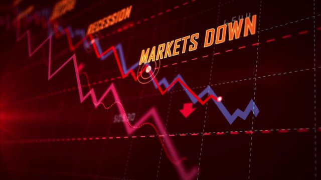 Recession, business crash, markets down, economic collapse and stock crisis concept. Red dynamic downward trend chart. 3d seamless and loopable animation.