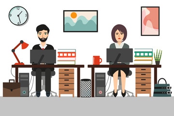 Business woman and business man at working office desk. Young workers.