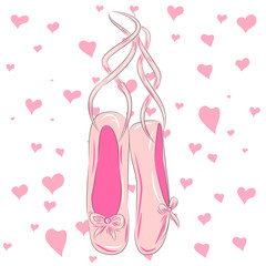 Sketch silhouette hand drawn pointes shoes, bow in pink colors.