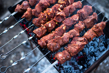 roasted meat, skewers with onions on skewers on the grill