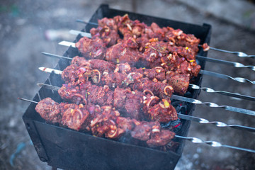 roasted meat, skewers with onions on skewers on the grill