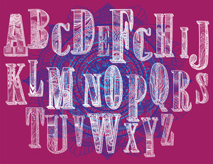 Alphabet. set of letters.  Dudling drawing, mandala. Alphabet in the style of dudling, letters of the alphabet. Drawing from the hands, points, waves, scales.