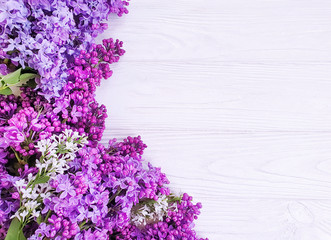 Obraz premium beautiful lilac flower on white wooden background frame